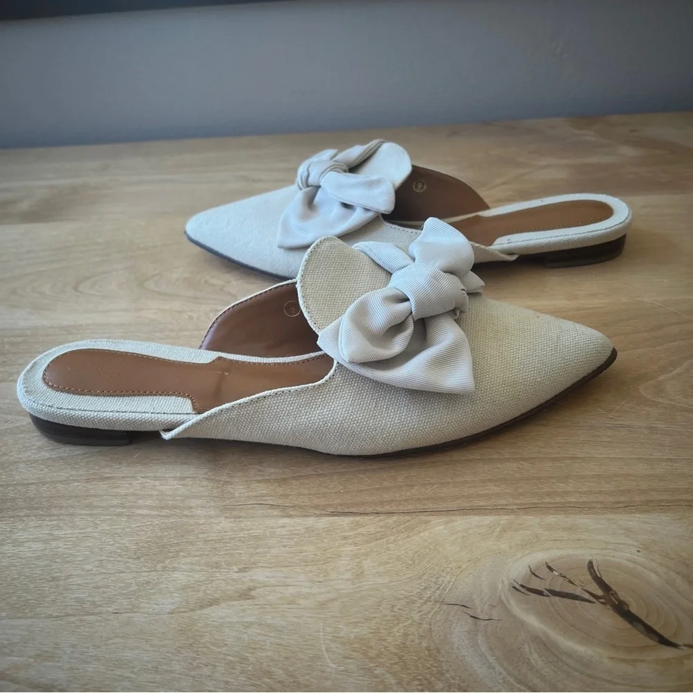 SOLD RILISTA MULES SLIP ON POINTED TOE LARGE BOW LIGHT KHAKI FABRIC UPPER 9 - Picture 2 of 10